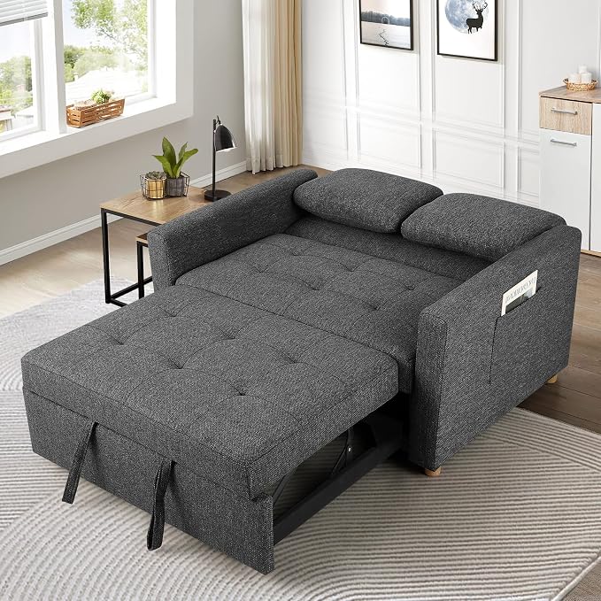SEJOV Sleeper Sofa, 3-in-1 Convertible Pull Out Couch Bed Futon Sofa, Linen Fabric Loveseat with 2 Pillows and Adjustable Backrest, Chaise Lounge for Small Spaces Apartment Dorm, Office, Black