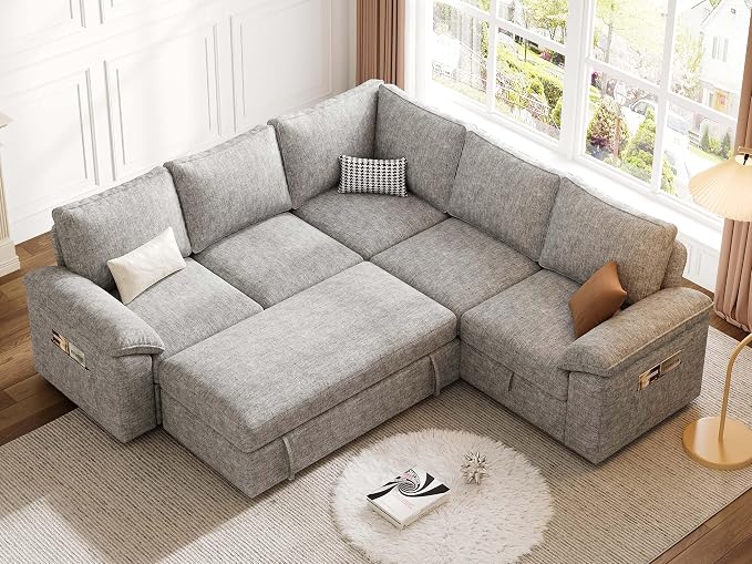 85 Inch Modular Sectional Sofa with Pull Out Bed, L Shaped 5 Seat Sectional Sleeper Sofa with Storage, Sectional Couches for Living Room, Cloud Modular Couch,Removable Sofa Cover,Light Grey