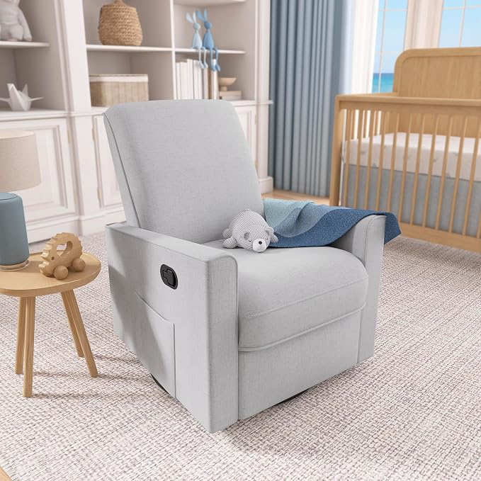Evolur Raleigh Upholstered Manual Glider Recliner– Rocking & 360° Swivel with Smooth Glide – Greenguard Gold & FSC Certified – Modern Nursery and Living Room Chair in Fog