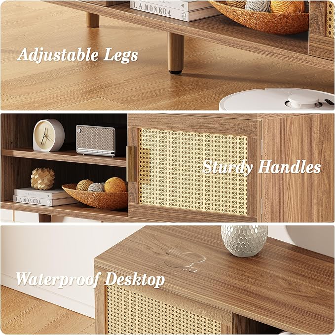 SUPERJARE Boho TV Stand for 65 Inch TV, Entertainment Center with Adjustable Shelf, Rattan TV Console with 2 Cabinets, Media Console, Solid Wood Feet, 4 Cord Holes, for Living Room, Walnut
