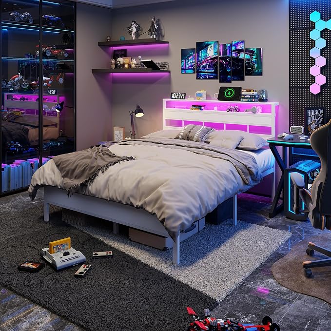 Furnulem Queen Bed Frame with Storage Headboard and LED Lights, Metal Bedframe with Charging Station and USB Port, Queen Size Platform Bed with Heavy Duty Slats, No Box Spring Needed, White