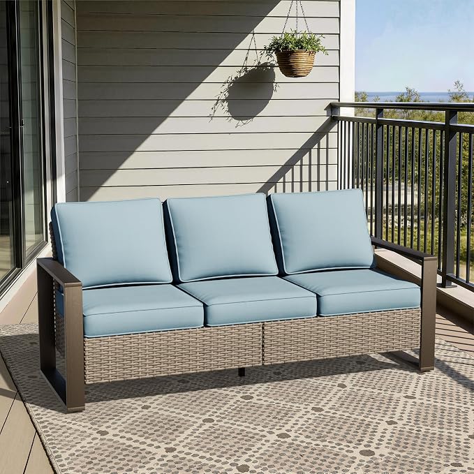 Joyside Outdoor Patio Wicker Sofa, 3-Seater Rattan Sofa with Thick Olefin Cushions and Metal Steel Rectangular Framed Armrest -Looking Metal Armrest Suitable for Garden, Backyard, Porch, Deck