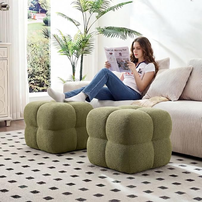 Zesthouse Square Pouf Ottoman Footstool, Modern Backless Vanity Chair for Bedroom, Green Boucle Foot Rest for Couch, Upholstered Tufted Footstool, Poofy Fabric Ottoman Coffee Table for Living Room