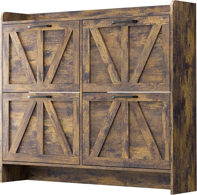 MU Shoe Storage Cabinet with 4 Flip Drawers, Freestanding Shoe Cabinet, Shoe Organizer with Wood Legs for Entryway, Slim Shoe Cabinet, Rustic