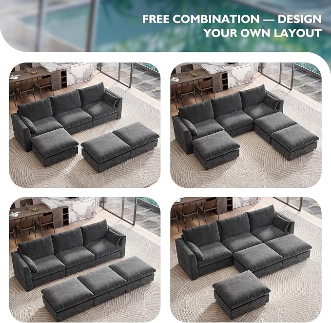 Ihanherry 117" Oversized Modular Sectional Sofa, Modern Cloud Couch with 3 Storage Ottoman, 6-Seat Comfy Chenille Deep Seat Sofa with 2 Pillows for Living Room, Grey