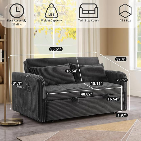 55.5" Corduroy Convertible Sofa Bed, Pull Out Sleeper Sofa Bed, Loveseat Couch with USB Charging Ports, 3 in 1 Convertible Sleeper Sofa Bed for Living Room, Apartment, Bedroom, RV, Grey