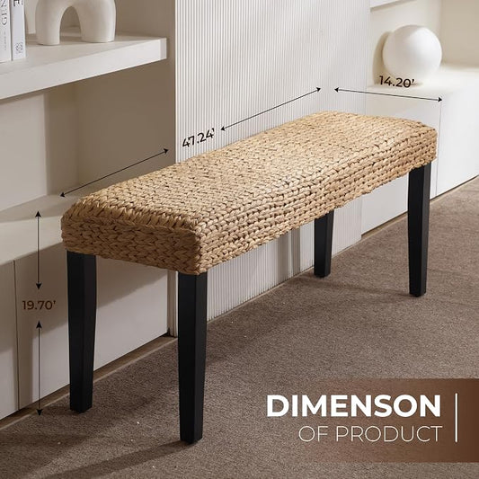 Entryway Bench with Solid Wood Acacia, 47" End of Bed Bench for Bedroom, Water Hyacinth Indoor Bench Seat, Boho Woven Bench for Living Room, Wicker Bench for Hallway or Kitchen, Wood Bench (Black Leg)