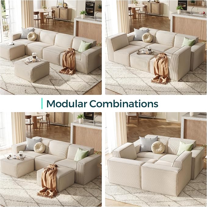 LINSY HOME Modular Sectional Sofa Sets, 105" Boneless 3-Seat Sofa Bed, Large Corduroy Sectional Cloud Couches for Living Room, No Assembly Required, Beige