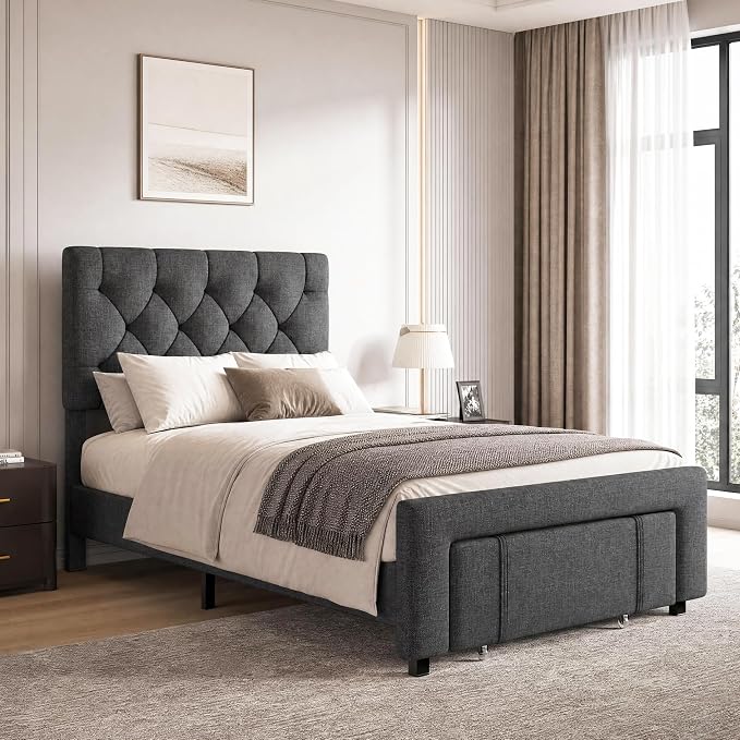 GarveeHome Twin Size Bed Frame, Upholstered Platform Bed Frame with Storage Drawers, Mattress Foundation with Solid Wooden Slats Support, No Box Spring Needed, Grey