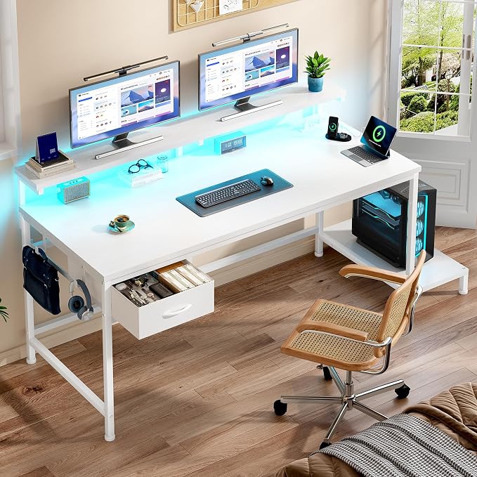 DurayLoly 39.3Inch Computer Desk with Power Outlet & Drawer,Gaming Desk with CPU Stand& LED Lights,Corner Office Desk with Ergonomic Monitor Stand for Home Work, Study and Gaming, Small Spaces,White