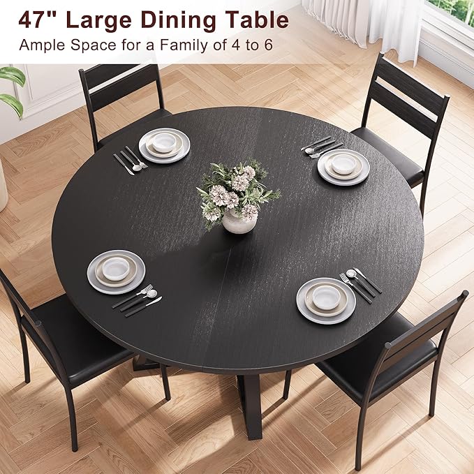Jocoevol Round Dining Table for 4,Kitchen Dining Room Circle Dinner Pedestal Table,Space Saving Wood Kitchen & Dining Room Furniture (Black, 47In)