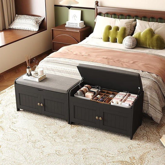 HOMEFORT 30" Shoe Bench with Lift Top Storage, Entryway Bench with Cushioned Seat, Wooden End of Bed Bench, Shoe Cabinet Bench with Hidden Storage Space, for Bedroom, Hallway,Black