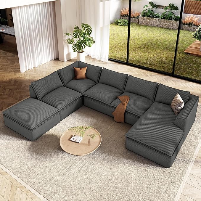 Vesgantti 141.7" Oversized Sectional Boneless Sofa with Chaise, 7 Seat Corduroy Modular Couch with Ottoman, Convertible Deep Seat Cloud Sofa for Living Room, No Assembly Required, Dark Gray