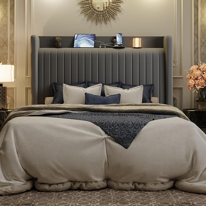 SHA CERLIN Full Size Velvet Bed Frame with USB Charging Station, Wingback Storage Headboard, Upholstered Platform Bed with Wooden Slats Support, No Box Spring Needed, Easy Assembly, Grey
