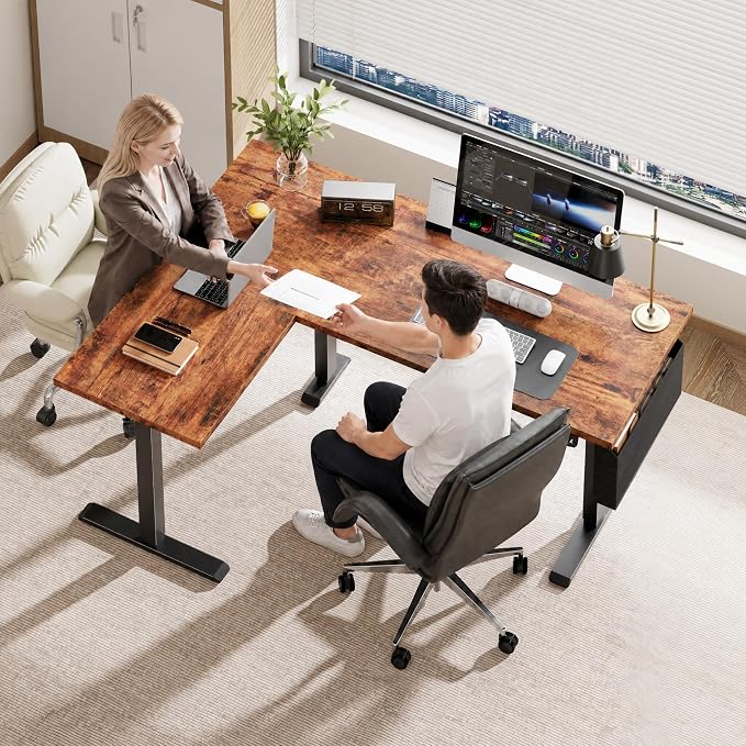Korfile 63” L Shaped Electric Standing Desk, Height Adjustable Computer Desk with LED Screen & Memory Presets, Ergonomic Sit to Stand Desk with Headphone Hook for Home, Office and Workstation, Brown