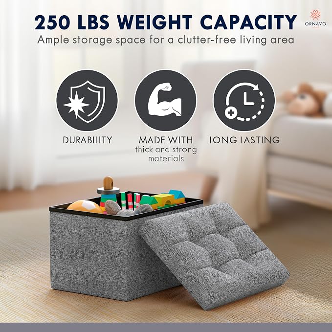 Ornavo Home Small Storage Ottoman, Set of 2, Foldable Collapsible Rectangle Linen Ottoman Foot Rest Stool Seat, for Living Room, Bedroom, Home Office, Dorm - 12 x 16 x 12, Gray