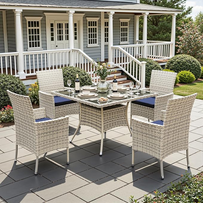 5-Piece Patio Dining Set, Patio Furniture Set with Square Tempered Glass Table & 4 Wicker Chairs, Expandable Design for Larger Groups, Outdoor Furniture for Backyard, Deck, Garden, Navy Blue
