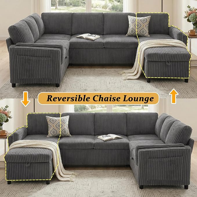 Sectional Sleeper Sofa with Pull Out Bed, 7 Seats U Shaped Modular Sectional Sofa with Storage, USB Ports, Cup Holders, Plush Corduroy Cloud Sectional Couches for Living Room, Dark Grey
