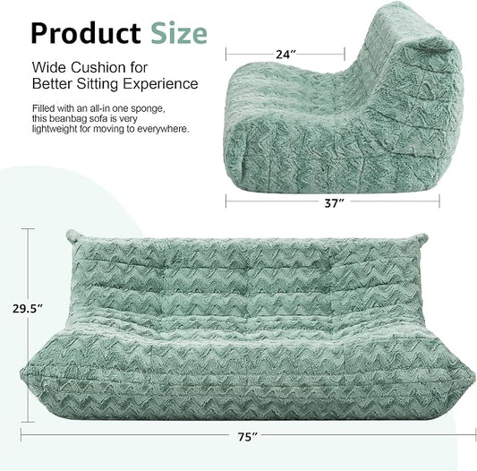 Hobestluk Giant Bean Bag Chair Faux Fur BeanBag Couch for Living Room | Green Chevron, 3-Seater,Ergonomic Design,Memory Foam,Anti-slip Bottom,No Assembly Required,Decorative Style for Living Room