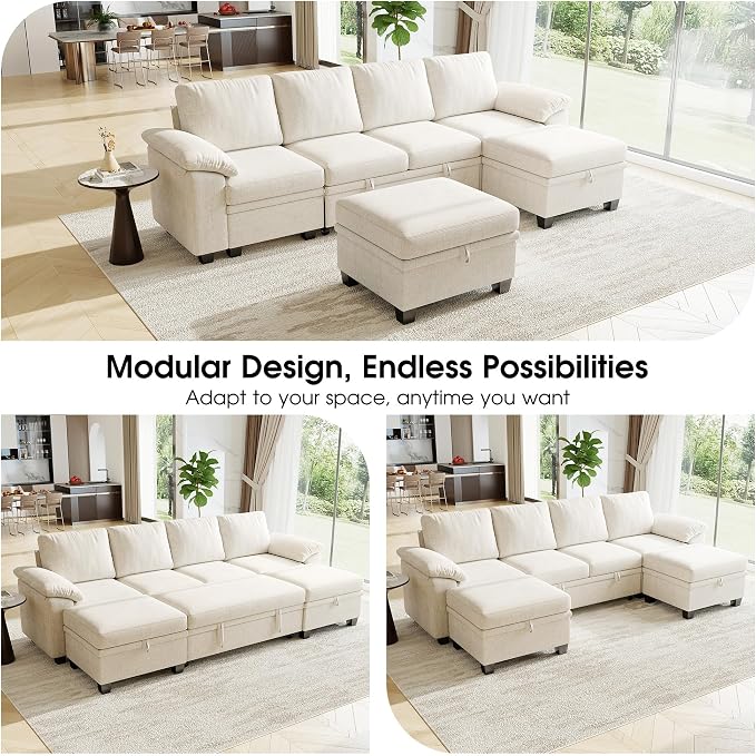 107.8" Modular Sectional Sleeper Sofa Bed, U Shaped 6 Seat Pull Out Couch with Storage Ottoman, Convertible Cloud Couch Bed, Sectional Couches for Living Room, Apartment (Beige)