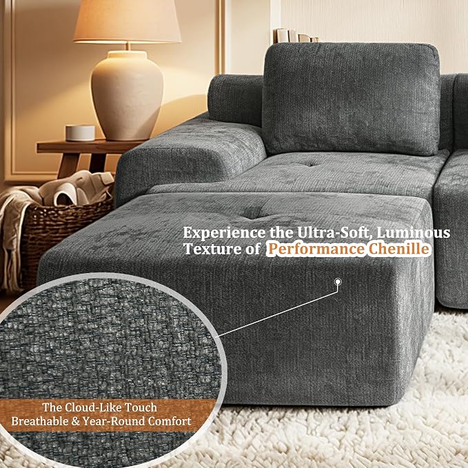 122" U-Shaped Modular Sectional Sofa, Oversized Boneless Cloud Couch for Living Room with Extra Deep Seat & High Back, Tool-Free No Assembly, Soft Chenille (Dark Grey, 122 inch-U Shaped(3+2))