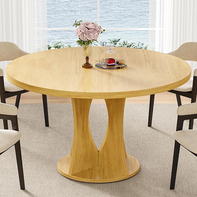 iPormis 47-Inch Round Dining Table for 4-6 People, Circle Dinner Table with Wooden Legs and A Stable Round Pedestal Base, Space Saving Wooden Kitchen and Dining Room Table, Oak (Table Only)