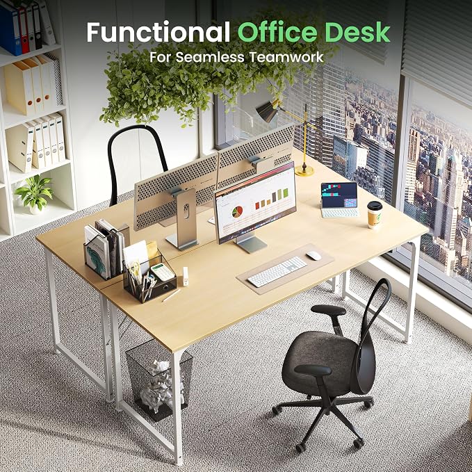 Huuger Computer Desk, 54 Inch Office Desk, Gaming Desk with Storage, Writing Desk Work Desk for Home Office, Study, Modern Simple Desk, Large Legroom, Metal Frame, Maple