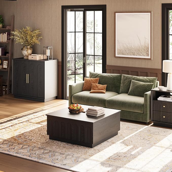 FORTUNETEC Lift Top Coffee Table with Storage, Modern Coffee Table with Arched Design, 31.5" Square Tea Table with Wood Grain, Minimalist Multifunctional Center Table for Living Room, Office, Black