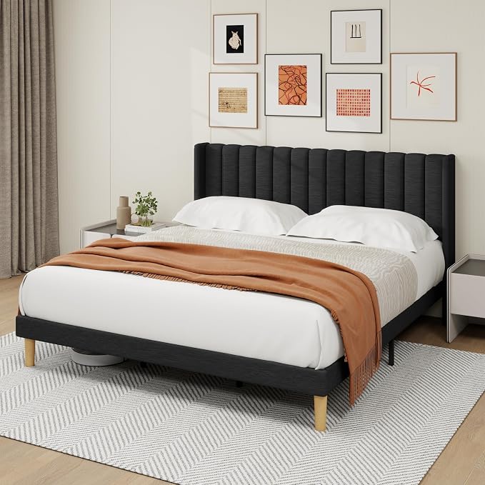alazyhome Platform Bed Frame King Size with Upholstered Headboard, Solid Wood Slats Support, No Box Spring Needed, Noise Free, Easy Assembly, Modern Fabric Bed, Black