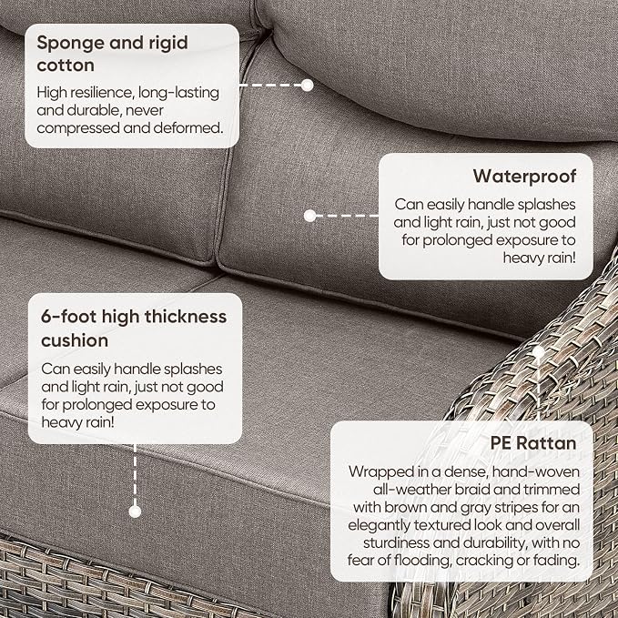 Luxury Patio Sofa 3-Seat Wicker Couch with 6" Thick Cushion - Outdoor Furniture Rattan Sofa with Deep Seating High Back for Patio Garden Balcony Sunroom Backyard, Grey | Grey