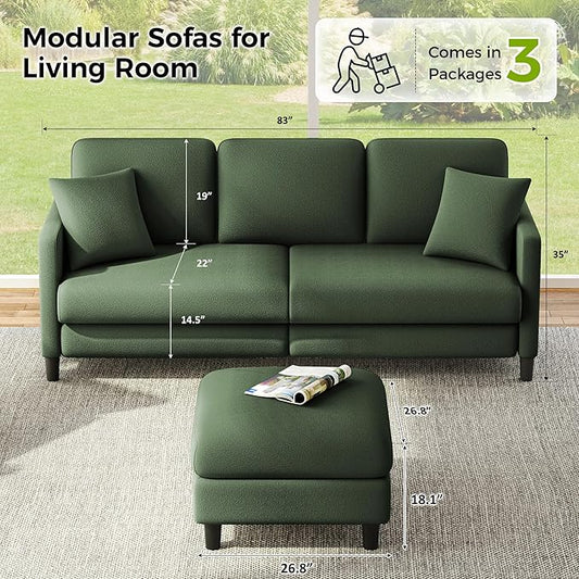 Welzona 83" Couches for Living Room, Teddy Sofa Couch with Storage Ottoman, L Shaped Couch with Movable Ottoman, Tool-Free Modular Sectional Sofa, All-Wood Sofas for Living Room with 2 Pillows, Green