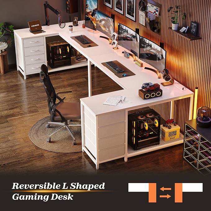 PRAISUN 53" L Shaped Desk with Power Outlets & USB-C Port, Reversible Computer Corner Office Desk with 4 Fabric Drawers and 2 Storage Shelves, Large Desk for Gaming Writing Work Study, White