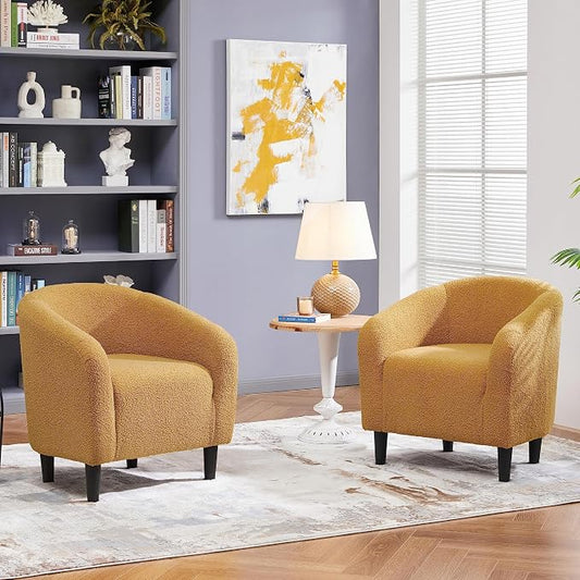 Topeakmart Barrel Chair, Soft Sherpa Accent Chair Side Chair Club Chair Modern Style Deep Seating Barrel Armchair for Living Room Furniture Reading Room Bedroom, Set of 2, Mustard Yellow