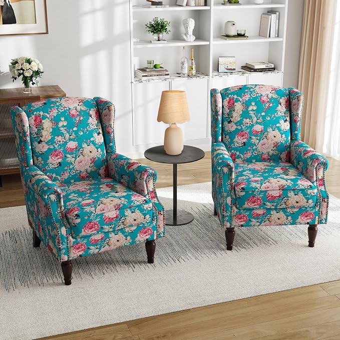 Pia Ricco Set of 2 Floral Accent Chairs, High Back Upholstered Armchairs with Retro Wingback Design, Nailhead Trim & Solid Wood Legs for Living Room Bedroom(Peacock Blue)