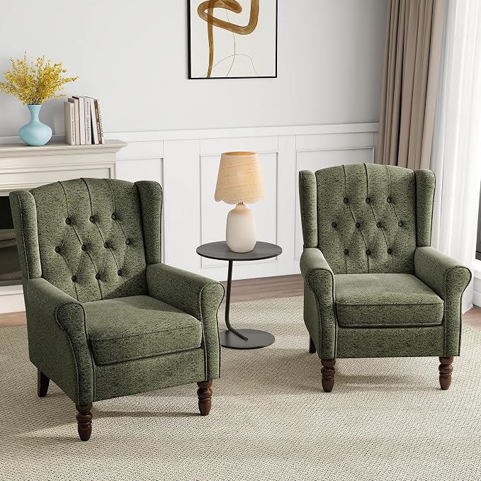 Mid-Century Modern 2-Piece Wingback Chair Set - Plush Upholstered Accent Chairs with Solid Wood Legs, High Back Lounge Seating for Living Room, Bedroom & Office - Retro Matched Pair (Dark Green)