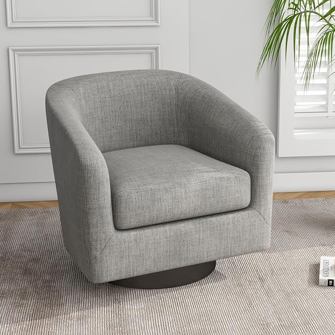360° Swivel Accent Chair, Fabric Barrel Club Chair Upholstered Armchair for Living Room, Round Arm Chair Bedroom Single Sofa Reading Seat - Flax Gray
