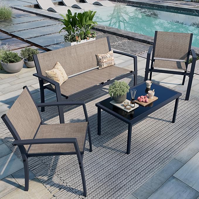 Shintenchi 4 Pieces Patio Furniture Set All Weather Textile Fabric Outdoor Conversation Set, with Glass Coffee Table, Loveseat, 2 Single Chairs for Home, Garden, Lawn, Porch(Light Brown)