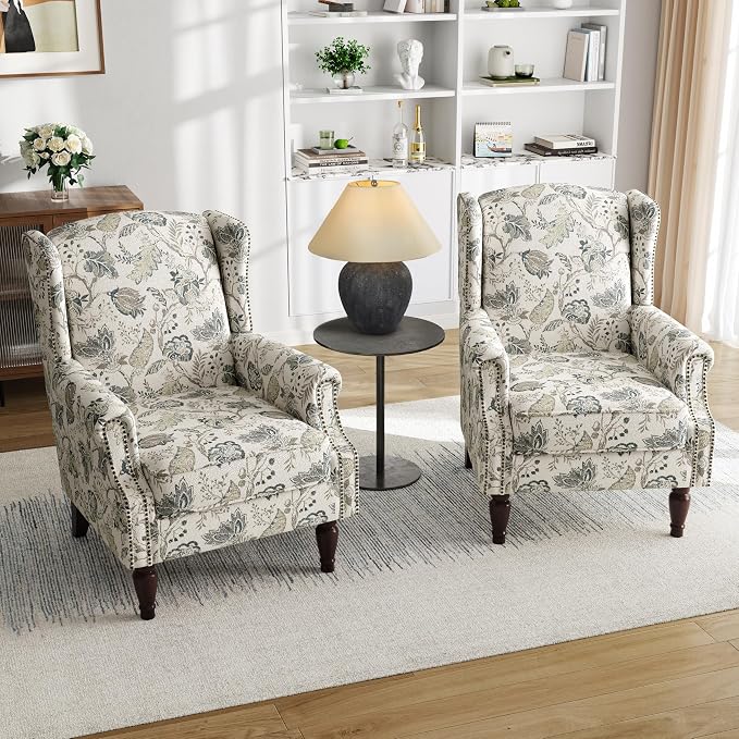 Pia Ricco Set of 2 Floral Accent Chairs, High Back Upholstered Armchairs with Retro Wingback Design, Nailhead Trim & Solid Wood Legs for Living Room Bedroom(Plants Beige)
