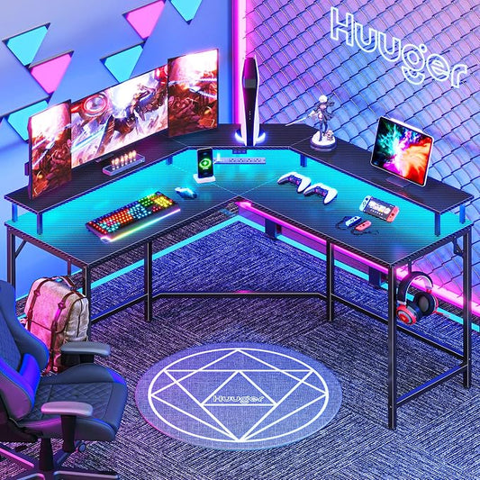 Huuger L Shaped Gaming Desk with Power Outlets & LED Lights, Computer Desk with Monitor Shelves, Carbon Fiber Surface, Home Office Desk, Corner Gaming Desk with Hooks, Carbon Fiber Black