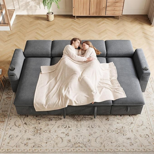 Sectional Sleeper Sofa with Pull Out Bed, Plush Corduroy Sectional Sofa with Double Storage Chaise and Adjustable Backrest, Cloud Sectional Couches for Living Room, Apartment, Light Grey
