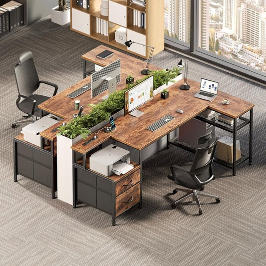 Korfile 57 Inch L Shaped Gaming Desk with Power Outlets and Type-C Port, Reversible Computer Office Desk with 2 Fabric Drawers & Mesh Shelves, Corner Desk for Study Work Writing Desk, Rustic Brown