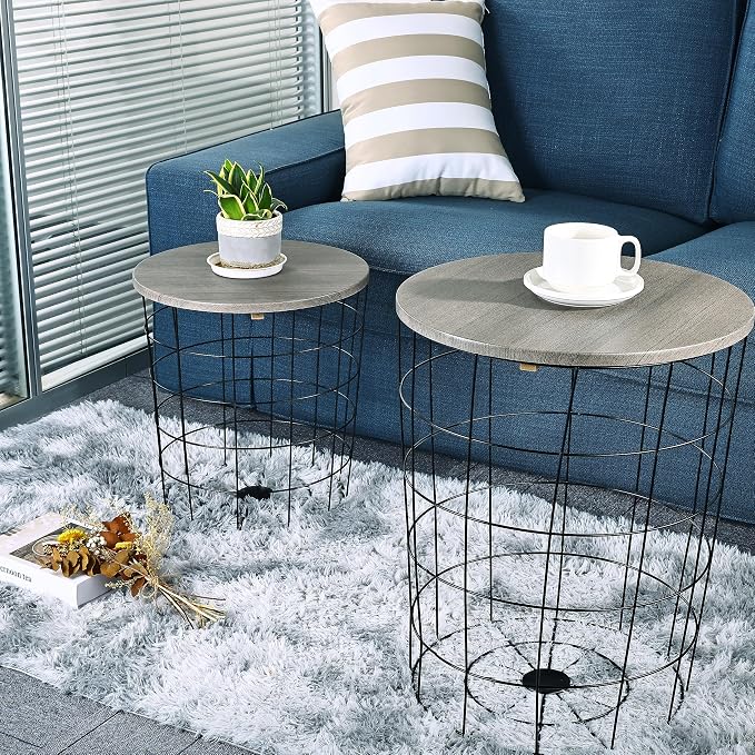 Elevon Nesting Table End Table Wire Basket Base with Wood Tops Side Table Set of 2, Gray