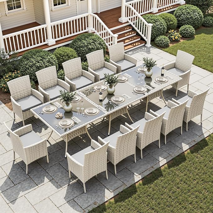 15-Piece Patio Dining Set, Patio Furniture Set with Square Tempered Glass Table & 12 Wicker Chairs, Expandable Design for Larger Groups, Outdoor Furniture for Backyard, Deck, Garden, Grey