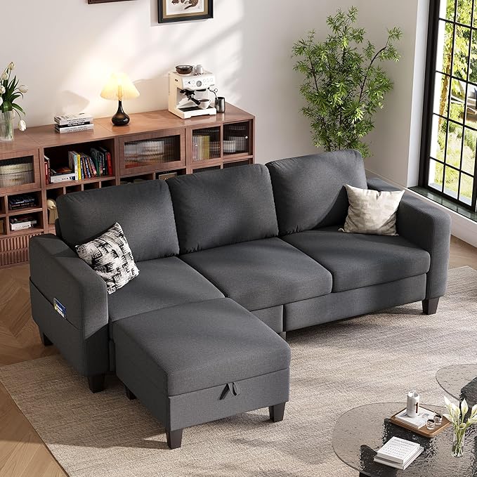 78" Sectional Sofa Couches for Living Room, Dark Grey L Shaped Couch with Storage Ottoman, Deep Seat Pet-Friendly Linen Fabric Sofa Set for Small Space, Apartment, Dorm