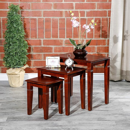 DTY Indoor Living 3-Piece Nesting Tables - Wooden Table Set of 3 for Living Room - Stackable Tables with Sleek Cherry Finish for Stylish and Space-Saving Home Furniture