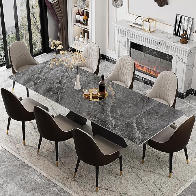 Telescoping Faux Marble Table 63-94.49" Adjustable Length 8-10 People Heavy Duty Carbon Steel Base for Kitchen Dining Room Family Party (62.99''-94.48'' Bonnes)