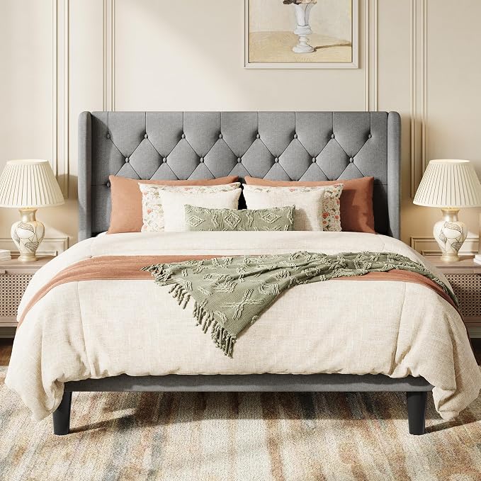 SHA CERLIN Queen Size Upholstered Platform Bed Frame with Wingback Headboard, Tufted Linen Fabric, Wooden Slats Support, Easy Assembly, No Box Spring Needed, Light Grey