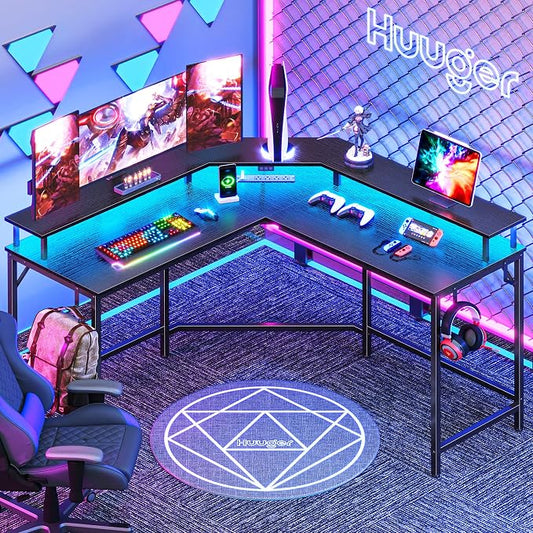 Huuger L Shaped Gaming Desk with Power Outlets & LED Lights, Computer Desk with Monitor Shelves, Home Office Desk, Corner Gaming Desk with Hooks, Black