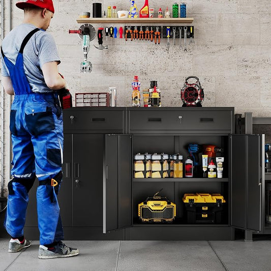 36" H Metal Cabinet, Garage Storage Cabinet, Locking Storage Cabinet, Metal Cabinets with Doors and Shelves for Home, School, Office, Garage, Black
