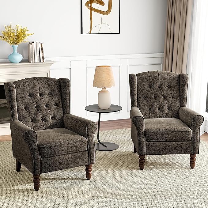 Pia Ricco Mid-Century Modern 2-Piece Wingback Chair Set - Plush Upholstered Accent Chairs with Solid Wood Legs, High Back Lounge Seating for Living Room, Bedroom & Office - Retro Matched Pair (Taupe)